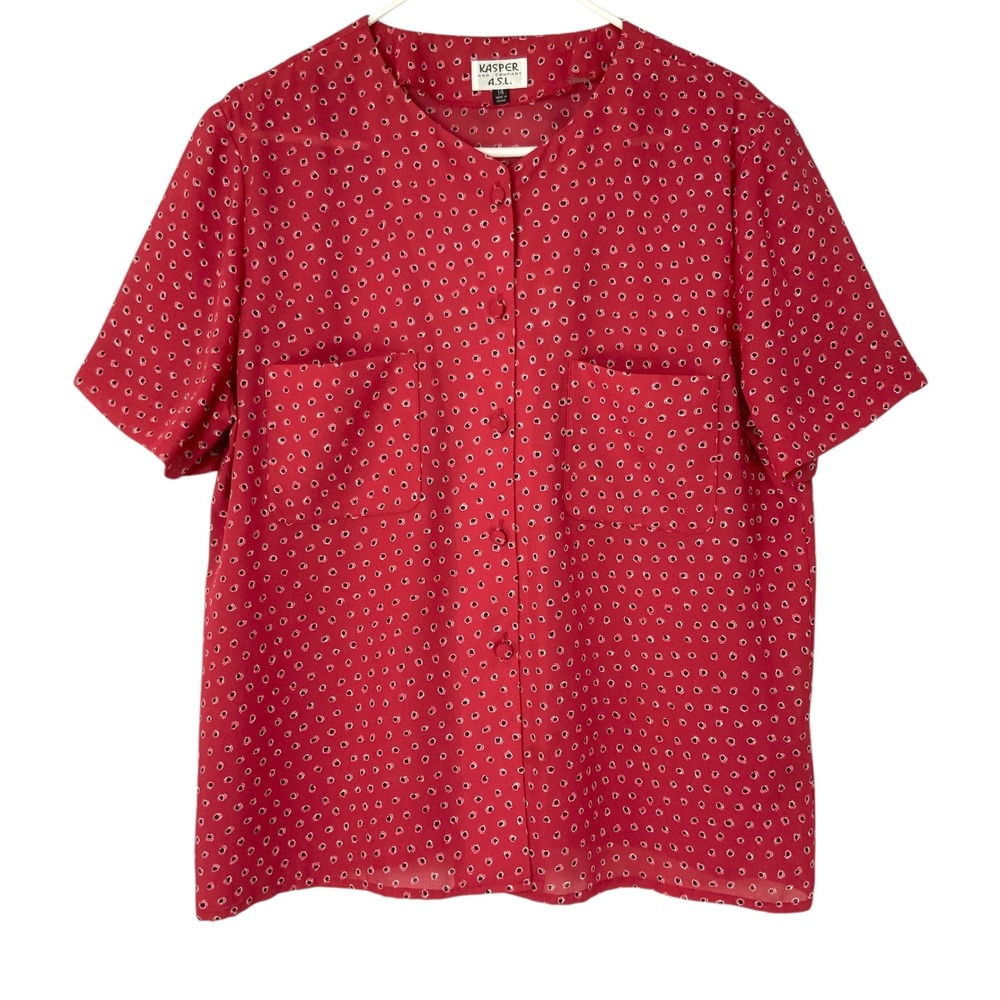 Kasper ASL Red Polka Dot Blouse Sz 14 Button Up Round Neck Short Sleeve Pockets